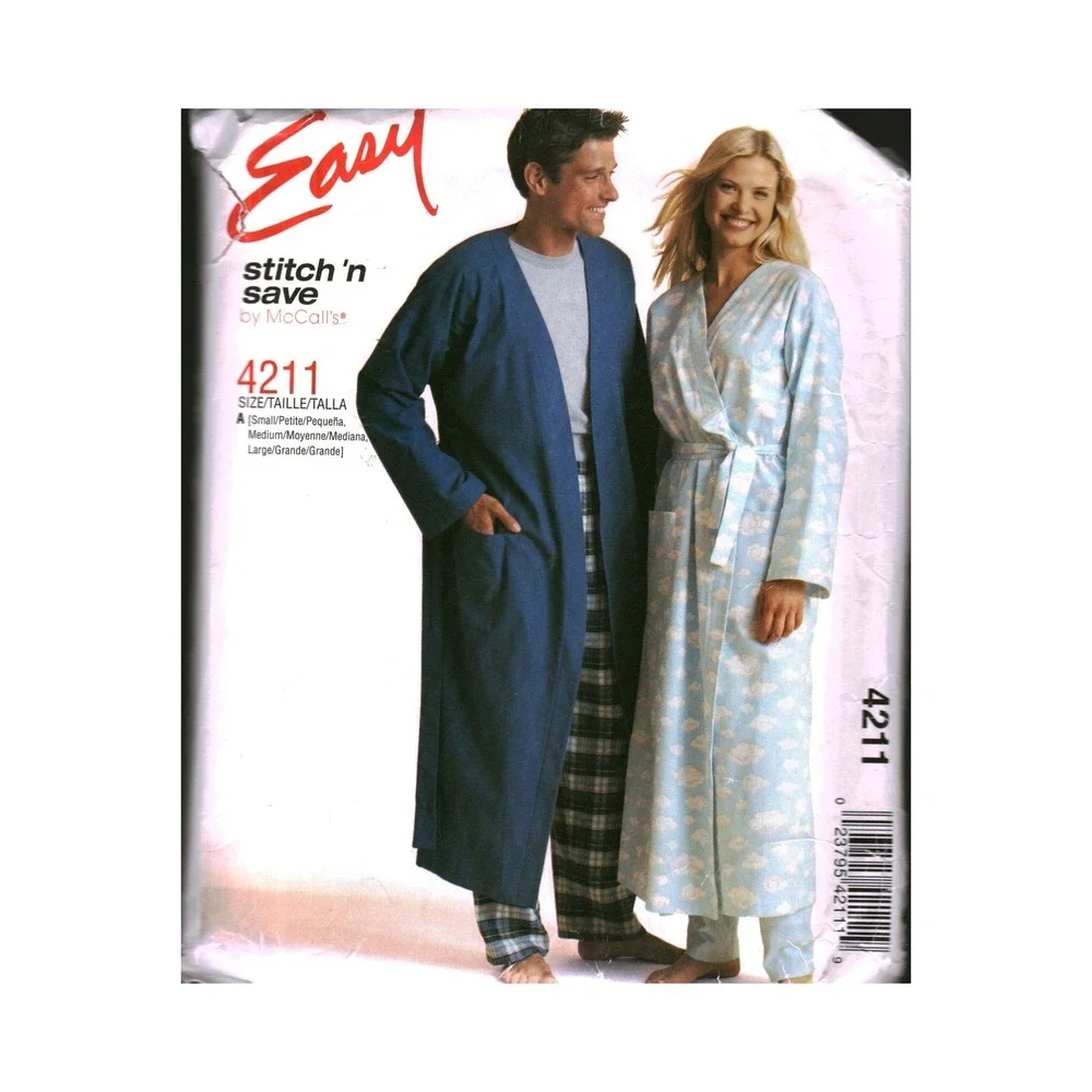 McCalls 4211 Sewing Pattern Robe and Pull On Pants Mens Misses Size S M L Easy